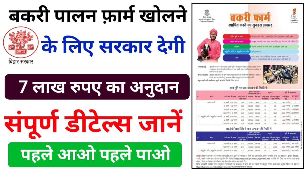 Bihar Bakri Farm Scheme 2025 — बिहार सरकार दे रही है बकरी फार्म खोलने के लिए 7 लाख रुपए तक अनुदान जानिए पूरी जानकारी और आवेदन प्रक्रिया