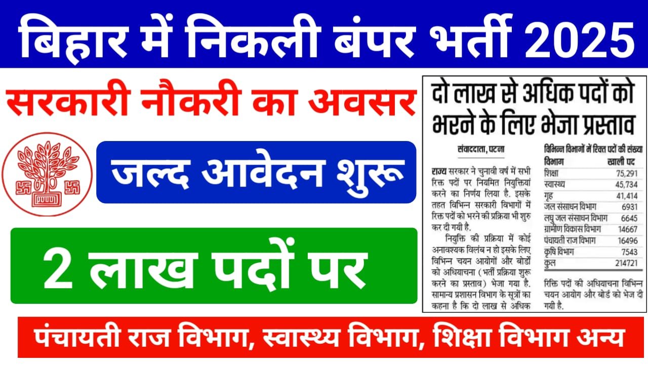Bihar New Vacancy 2025 : 2 लाख पदों पर बिहार में निकली बंपर भर्ती सभी विभागों में होगी नियुक्तियां जानिए डीटेल्स