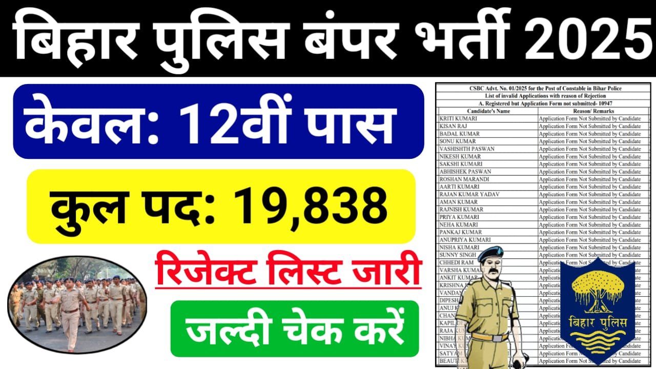 Bihar Police Constable Rejected List 2025 Download लिंक जारी — बिहार पुलिस कांस्टेबल भर्ती 2025 रिजेक्ट लिस्ट हुआ जारी
