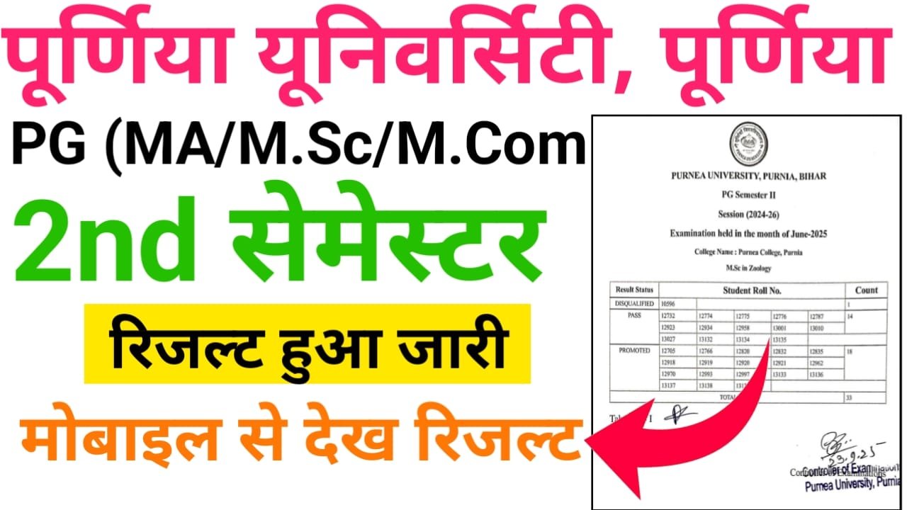 Purnea University PG 2nd Semester Result 2025 घोषित : पूर्णिया विश्वविद्यालय पीजी सेकंड सेमेस्टर रिजल्ट हुआ जारी यहां से देख अपना रिजल्ट