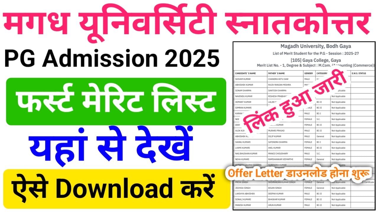 Magadh University PG Admission 1st Merit List 2025 जारी, Download करें Offer Latter — मगध यूनिवर्सिटी पीजी फर्स्ट मेरिट लिस्ट 2025-27 जारी