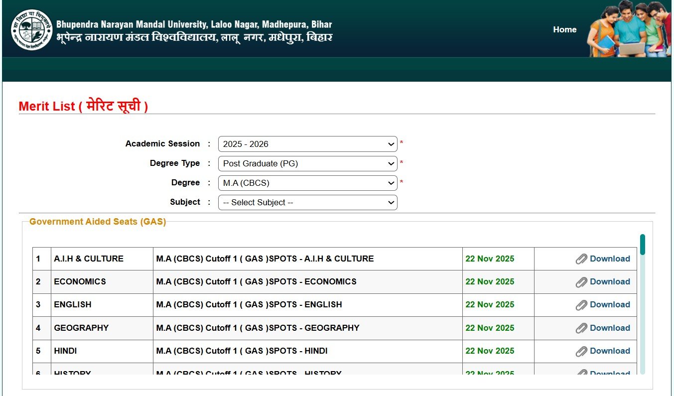 BNMU PG Spot Admission Merit List 2025
