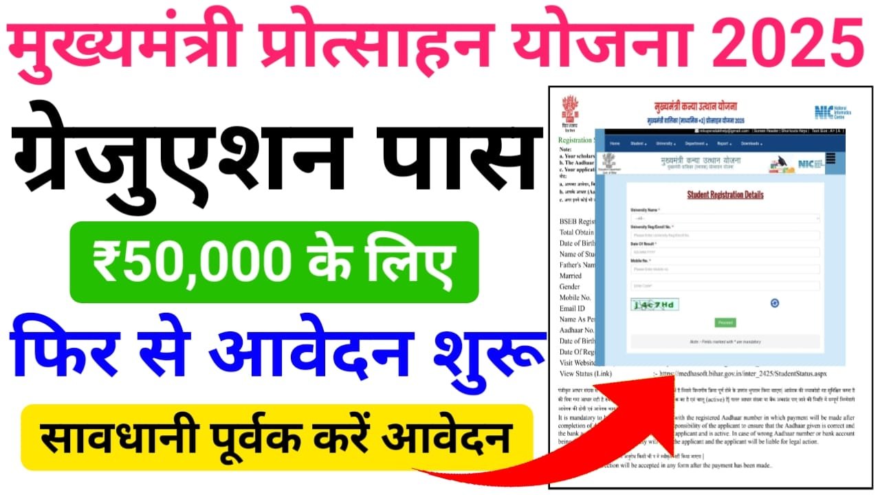 Bihar Graduation Scholarship 50000 Online Apply 2025 फिर से आवेदन शुरू : ग्रेजुएशन पास मुख्यमंत्री कन्या उत्थान योजना 50000 के लिए जल्द करें आवेदन
