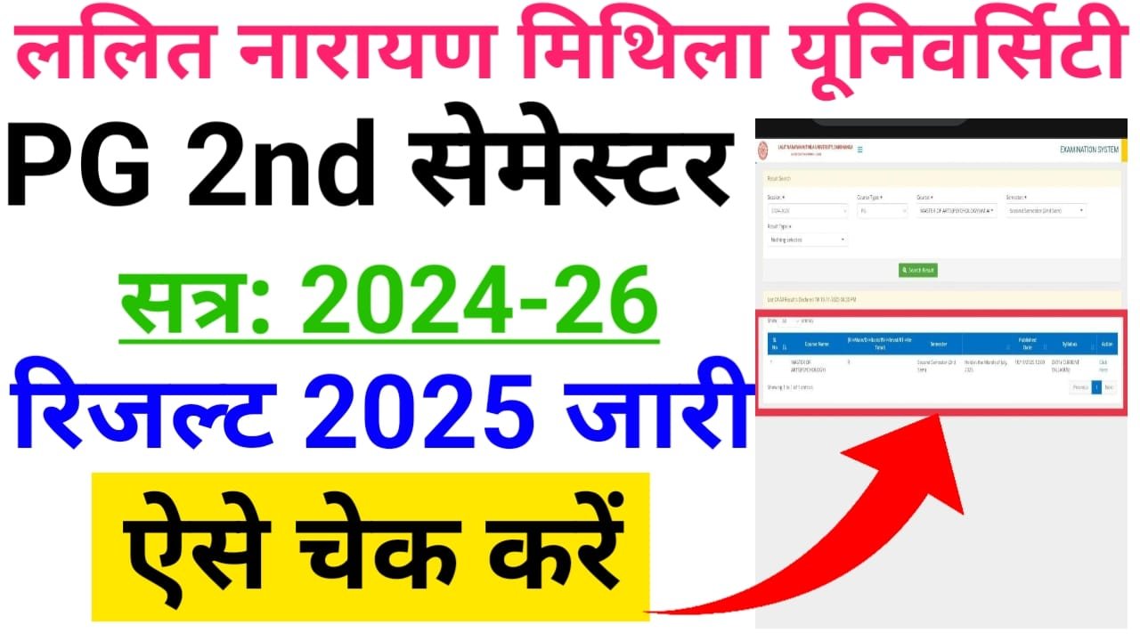 LNMU PG 2nd Semester Result 2024-26 Download लिंक जारी — ललित नारायण मिथिला यूनिवर्सिटी पीजी द्वितीय सेमेस्टर रिजल्ट जारी यहां से चेक करें