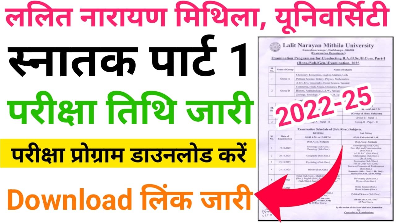 LNMU UG Part 1 Exam Date 2022-25 Release — ललित नारायण मिथिला यूनिवर्सिटी स्नातक पार्ट 1 परीक्षा प्रोग्राम जारी, सेंटर लिस्ट जारी (सत्र:2022-25)
