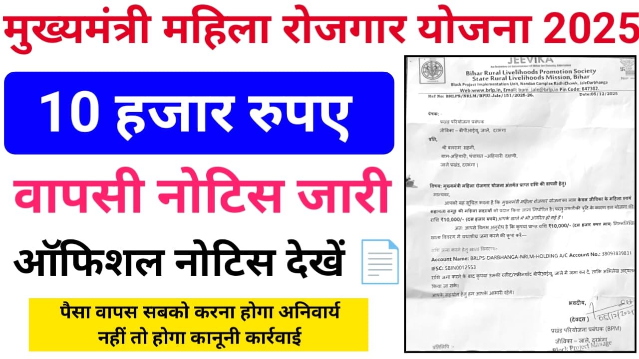 Mukhymantri mahila rojgar Yojana ₹10000 वापस करने का नोटिस आ गया, यहां से देखें ऑफिशल नोटिस