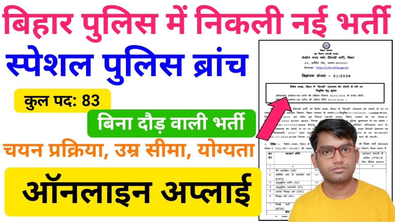 Bihar Police Special Branch Vacancy 2026 Online Apply — बिहार पुलिस स्पेशल ब्रांच नई भर्ती 2026 के लिए करें ऑनलाइन आवेदन बिना दौड़ का होगा चयन